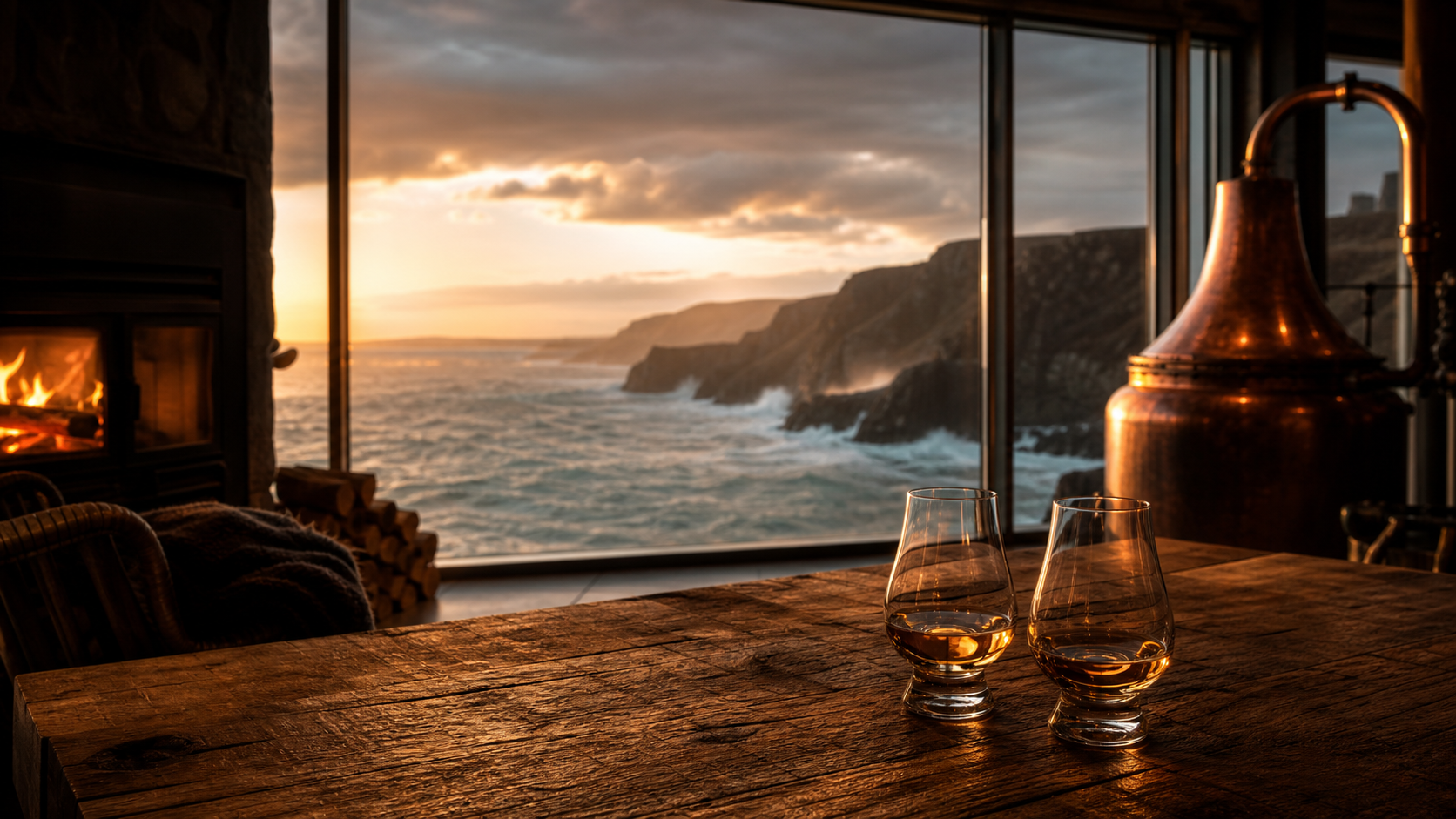 Island whisky tasting room above stormy sea cliffs