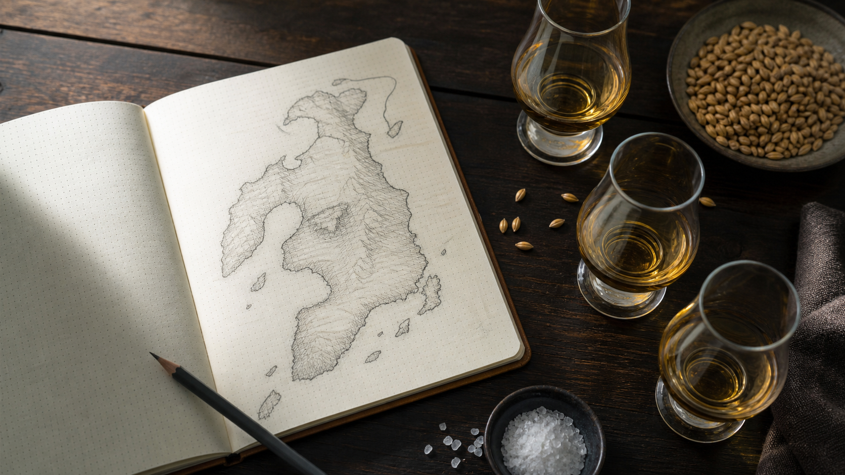Notebook with island map and tasting glasses